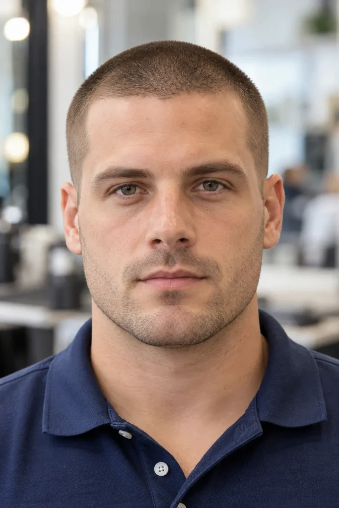 #1 buzz cut with stubble for a big forehead and receding hairline