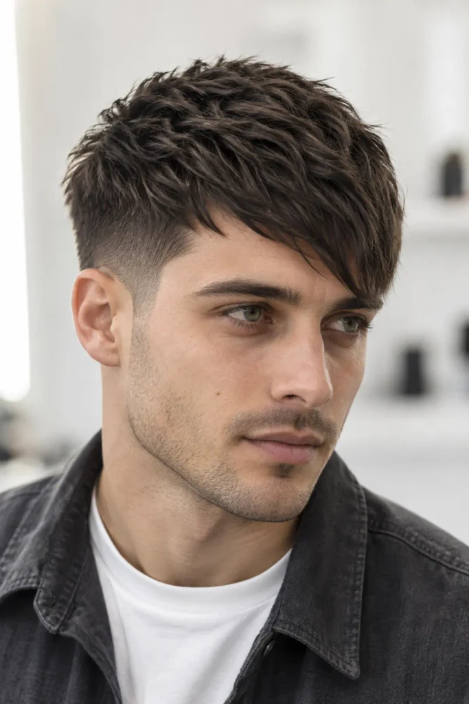 Man with an angular fringe haircut and tapered sides for fine hair