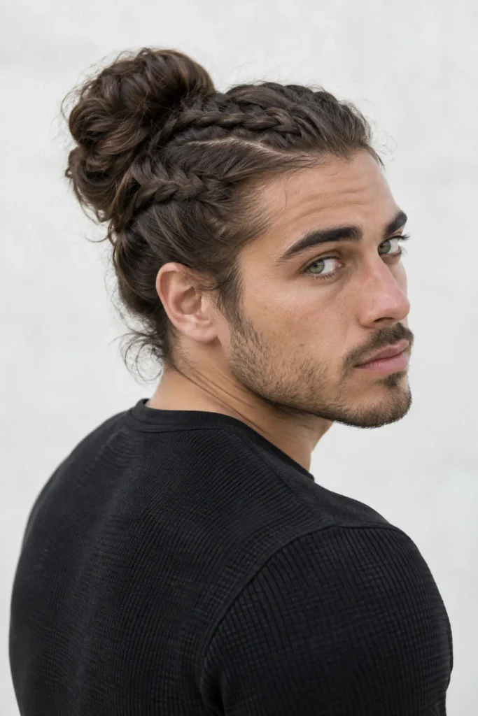 Braided man bun hairstyle for men with long textured hair and braids