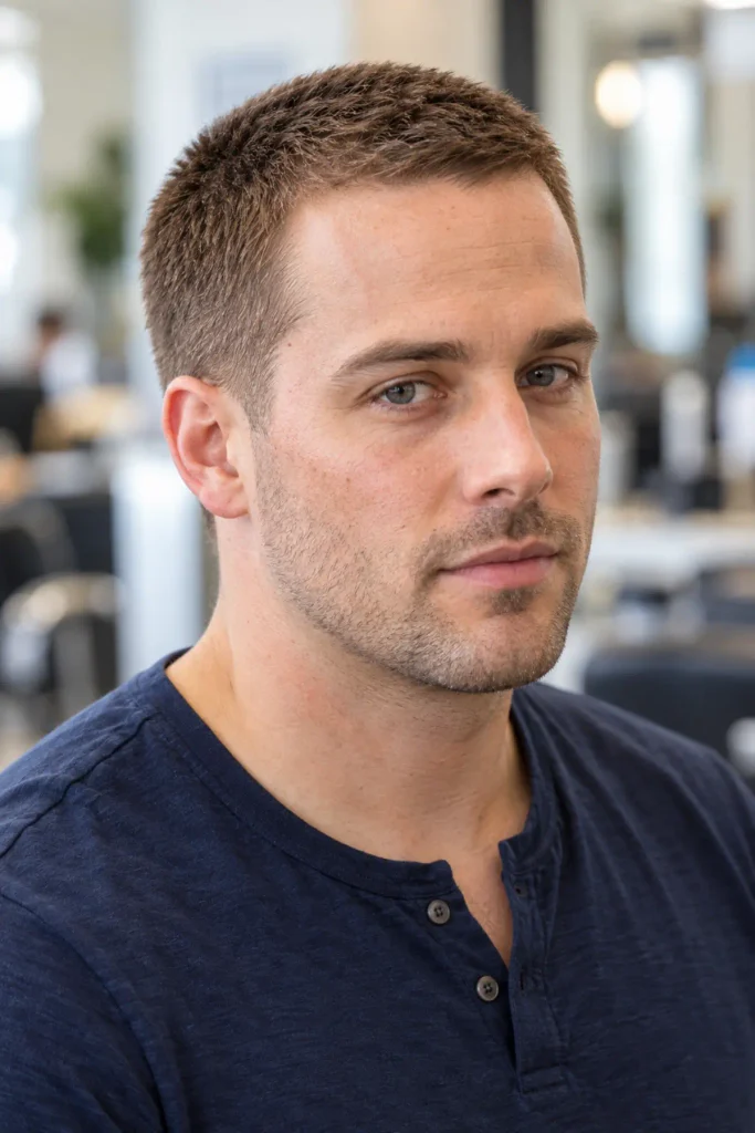 Brush cut styled forward for a big forehead