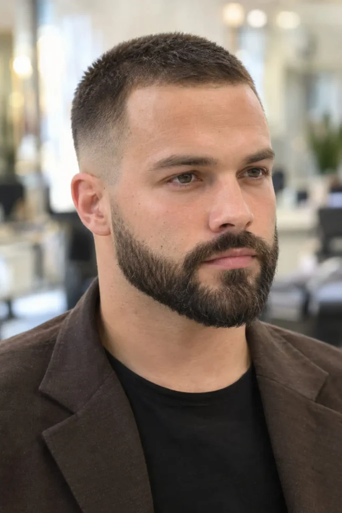 Buzz cut fade with full beard for a big forehead