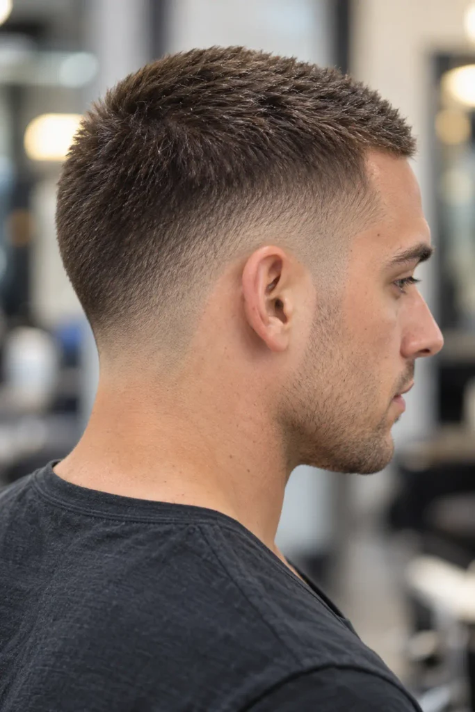 Buzz cut with burst fade for a big forehead