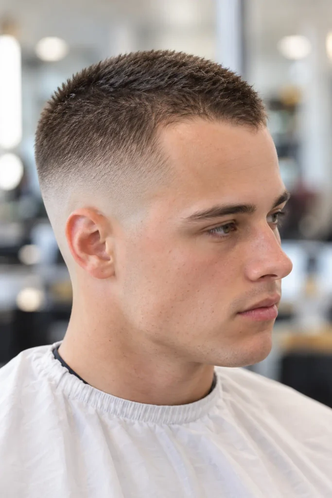 Buzz cut with drop fade for a big forehead and stable hairline