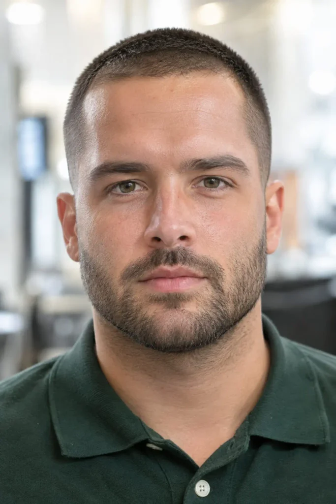 Buzz cut with heavy stubble for a big forehead