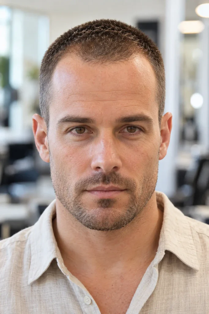 Buzz cut with light temple cleanup for a big forehead