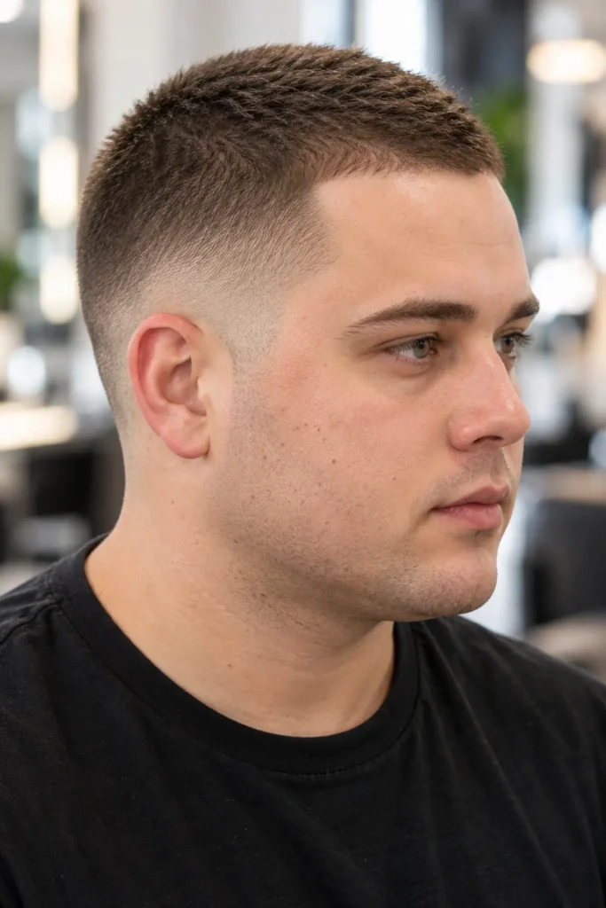 Buzz cut with low fade for a big forehead