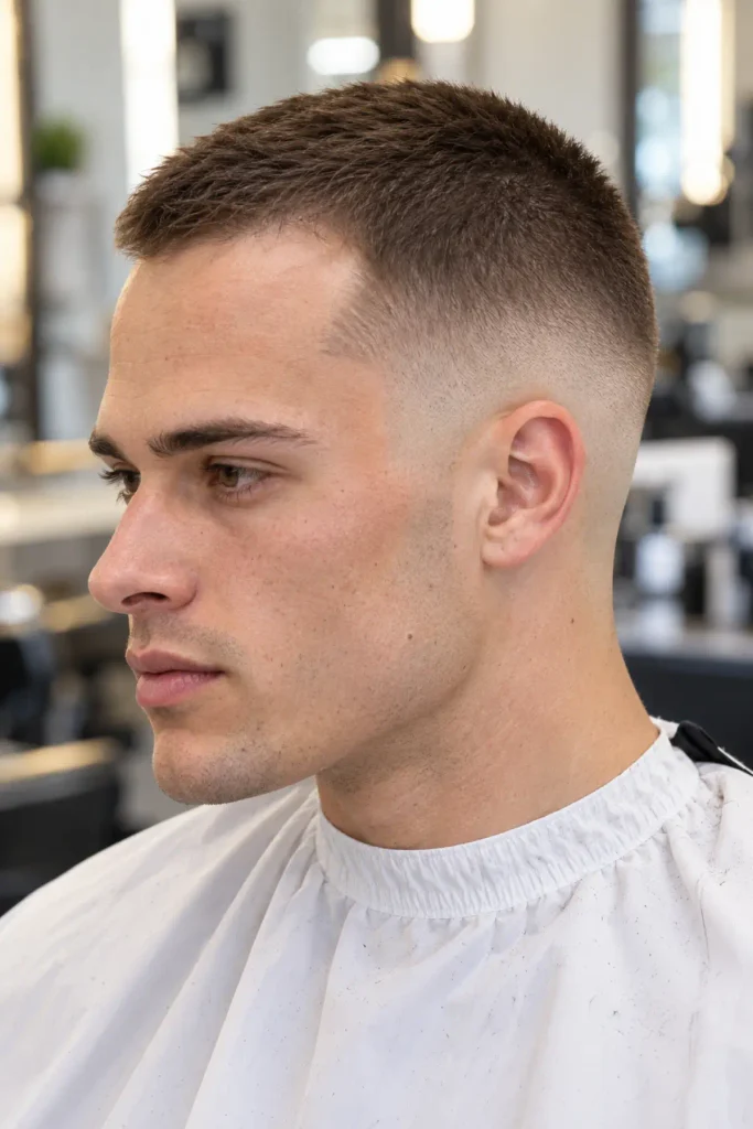 Buzz cut with low skin fade for a big forehead