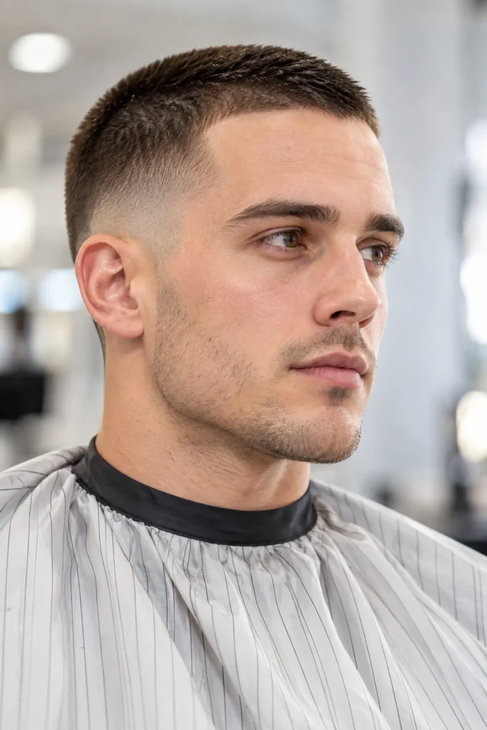 Buzz cut with low taper for a big forehead and natural hairline