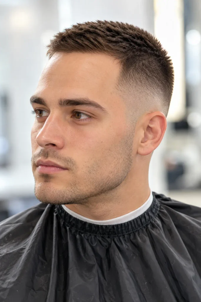 Buzz cut with mid fade for a big forehead and dense hair