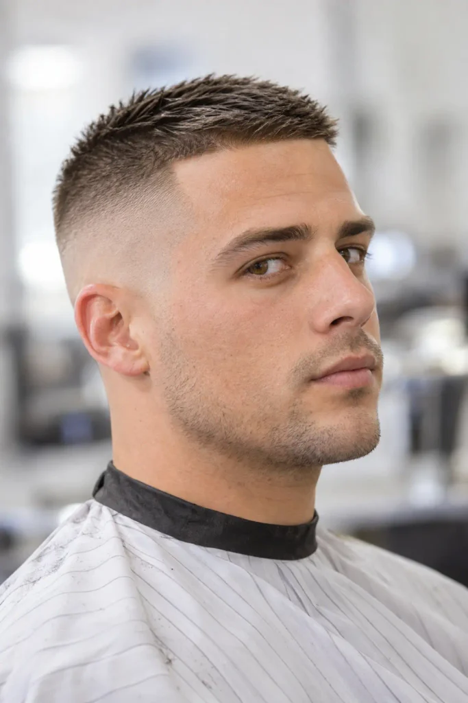 Buzz cut with natural hairline for a big forehead