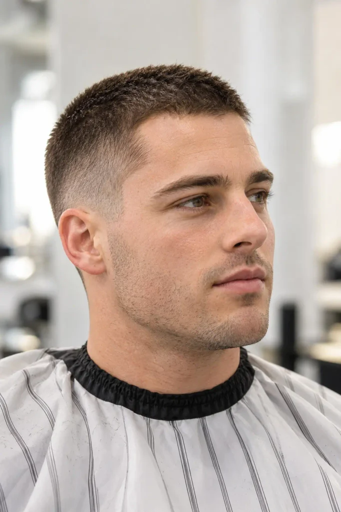 Buzz cut with soft lineup for a big forehead