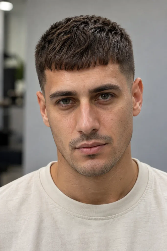 Man with a short Caesar cut and forward fringe for fine hair