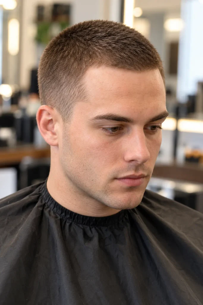Classic #3 buzz cut for a big forehead with natural hairline