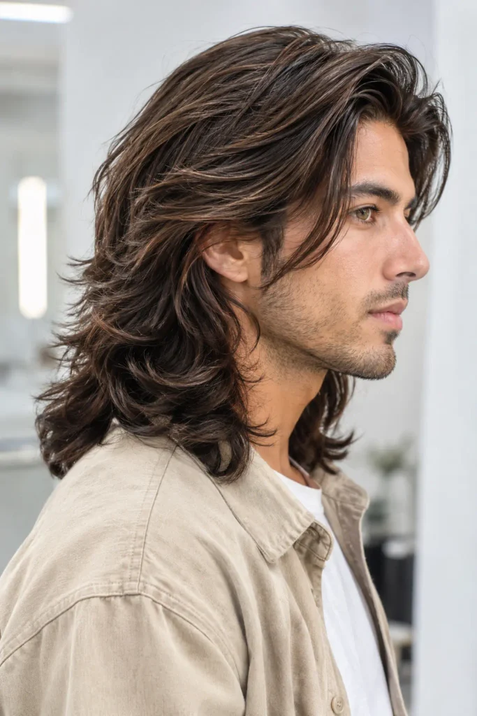 Man with classic long layered hair reaching the shoulders