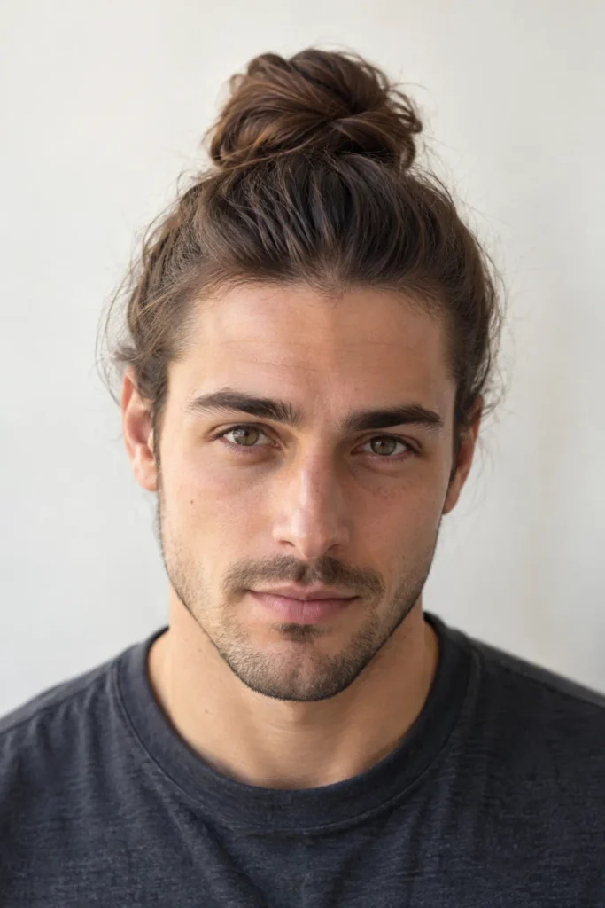 Classic man bun hairstyle for men with long hair and natural textured finish