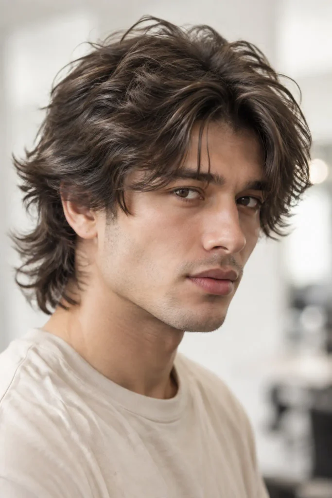 Classic wolf cut for men with choppy layers and natural crown volume