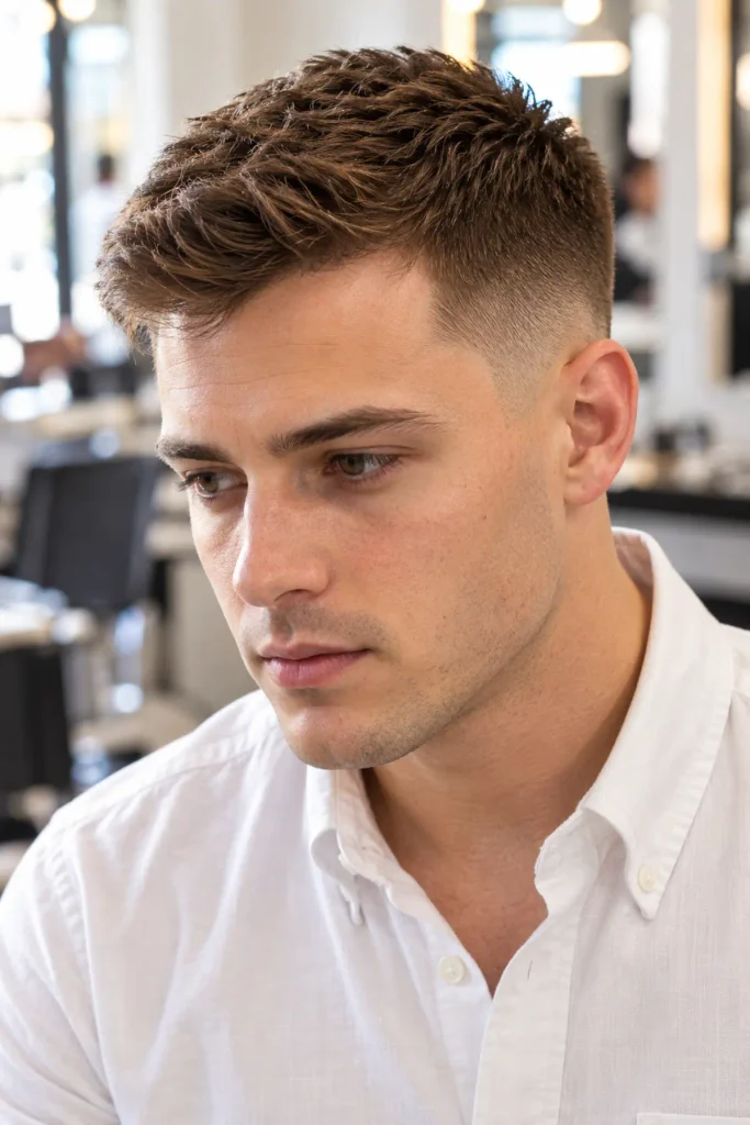 Classic crew cut for a big forehead with tapered sides