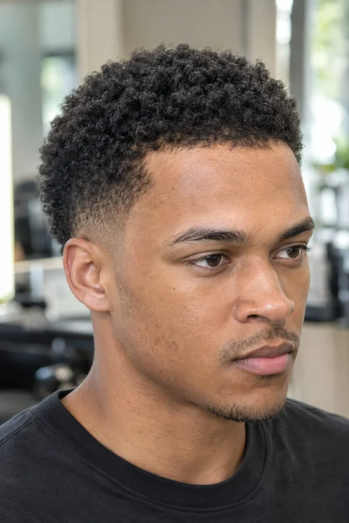 Coily hair buzz cut with taper and natural edge for a big forehead