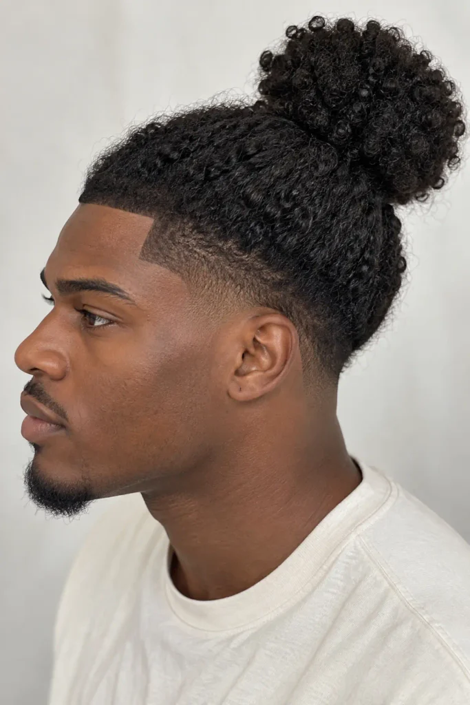 Coily man bun hairstyle for men with long afro textured natural hair