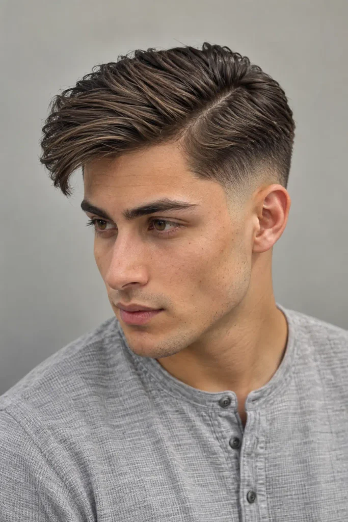 Comb over fade haircut with medium length side part