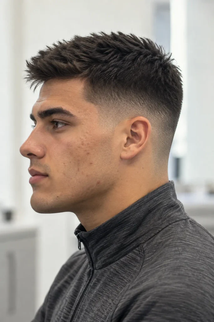 Textured crew cut hairstyle for men with a triangle face shape and strong jawline