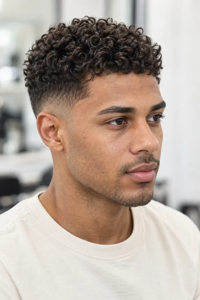 Man with a short curly crop haircut for fine curly hair