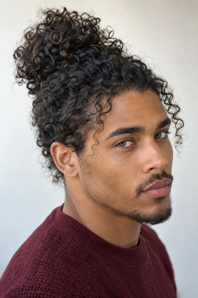 Curly man bun hairstyle for men with long natural curly hair