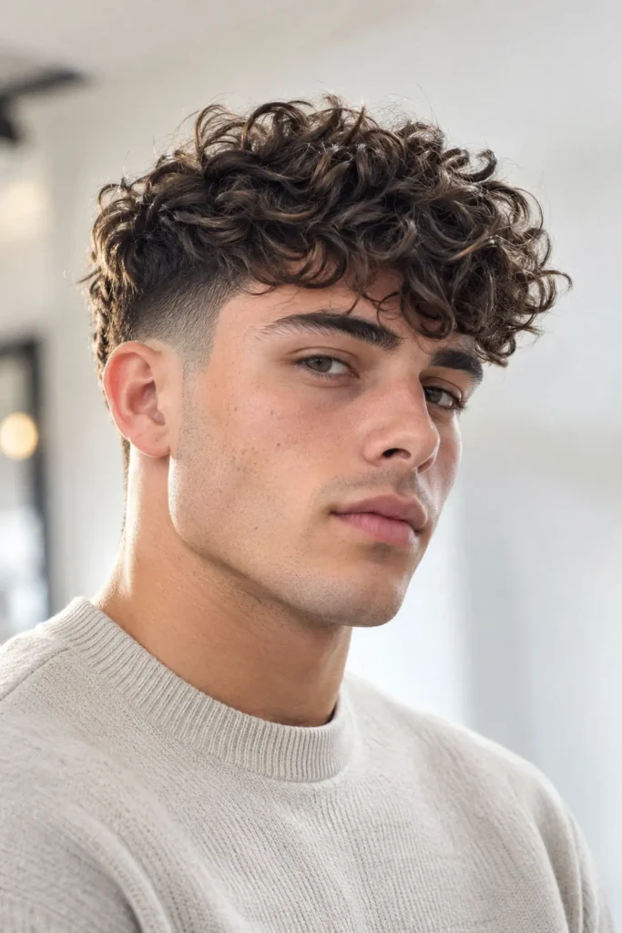 Curly textured crop haircut for men with a triangle face shape and natural curls