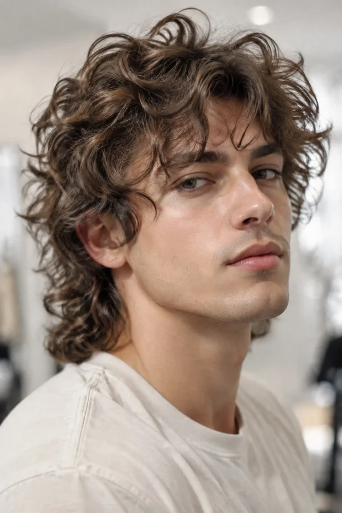 Curly wolf cut for men with layered 3C curls and natural crown volume