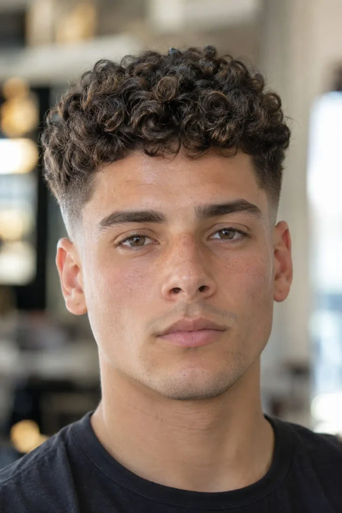 Curly top buzz cut with taper for a big forehead