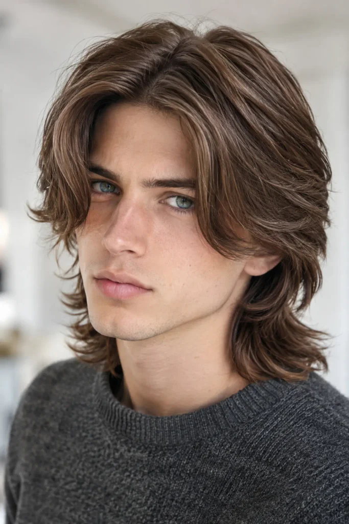 Man with long layered curtain haircut and middle part