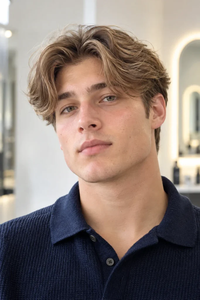 Curtain fringe hairstyle for men with a triangle face shape
