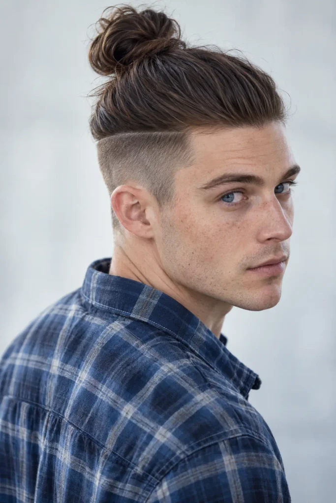 Disconnected man bun hairstyle with hard undercut and long top hair
