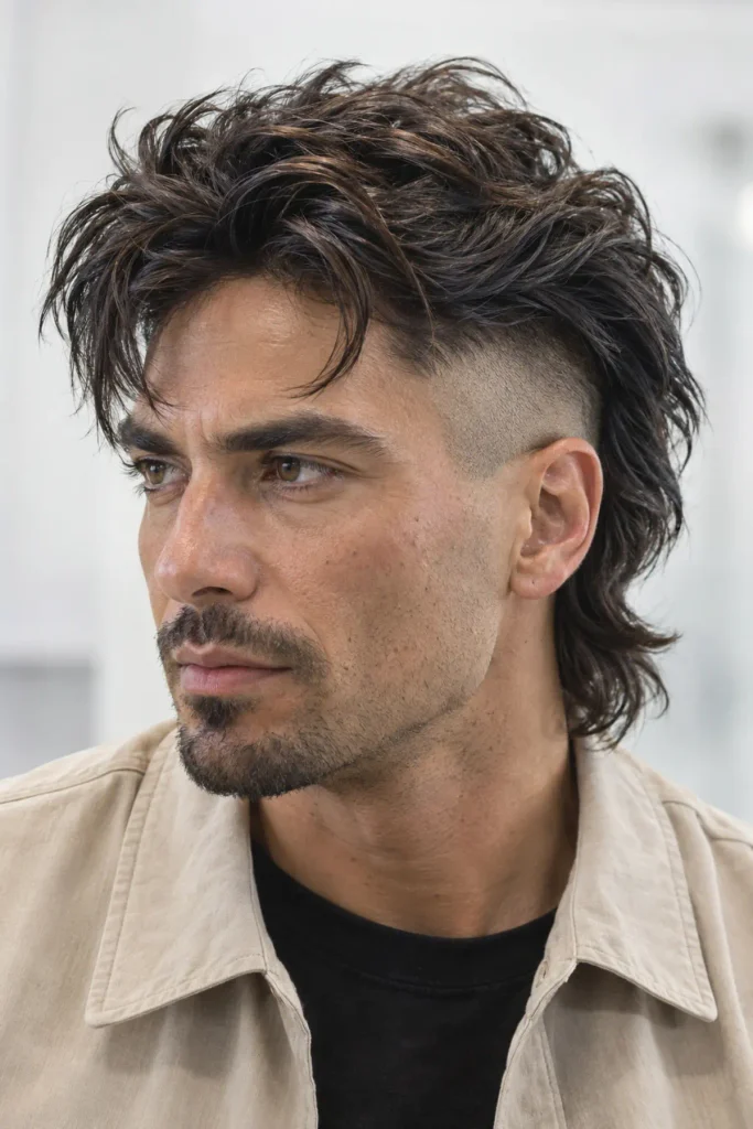 Disconnected wolf cut for men with hard undercut and long textured layers