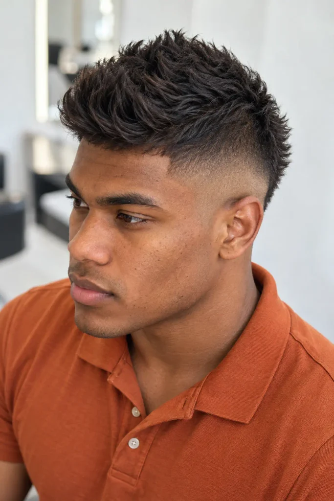 Faux hawk haircut with textured top for men with a triangle face shape