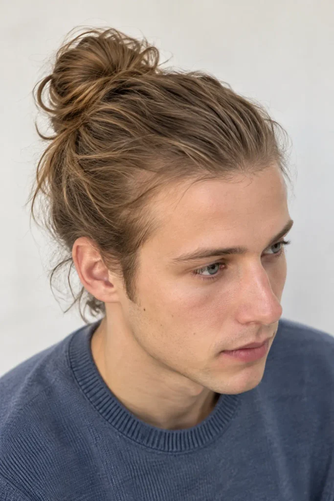 Man bun hairstyle for men with fine or thinning hair and long textured length