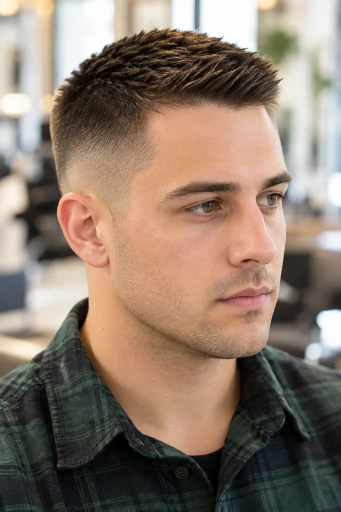Forward brushed textured crew cut for a big forehead