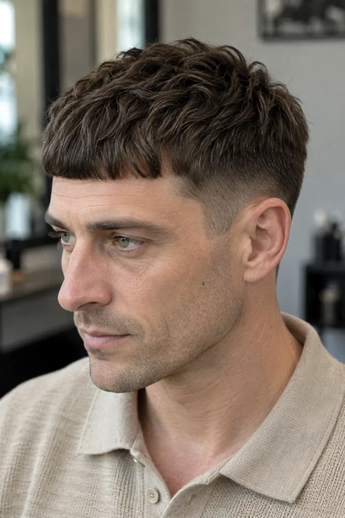 Man with a French crop haircut and short textured top for fine hair