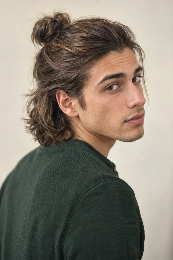 Man with half man bun hairstyle, medium length hair tied back