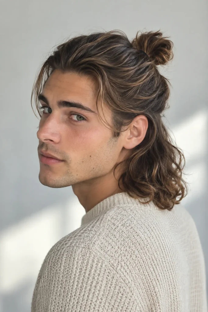 Half-up man bun hairstyle for men with long layered hair