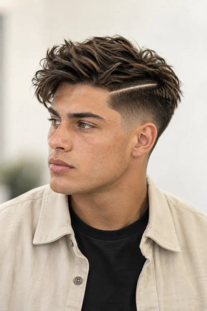 Hard part haircut with textured medium length top