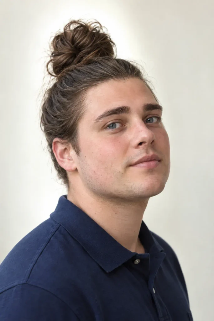 High man bun hairstyle for men with long hair styled high on the crown