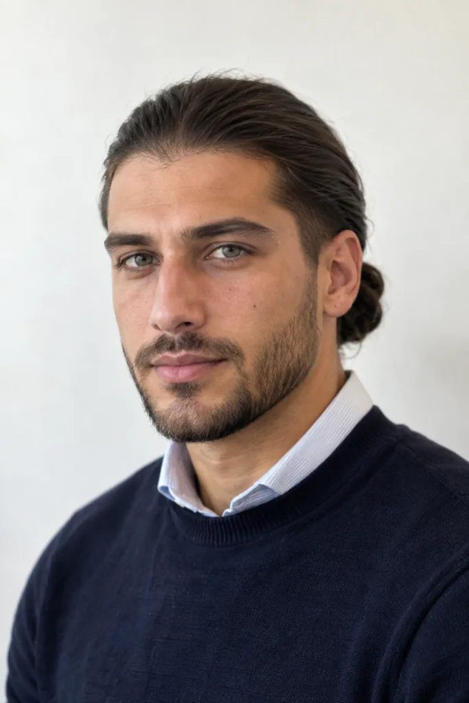 Professional interview bun hairstyle for men with long hair and neat tapered sides