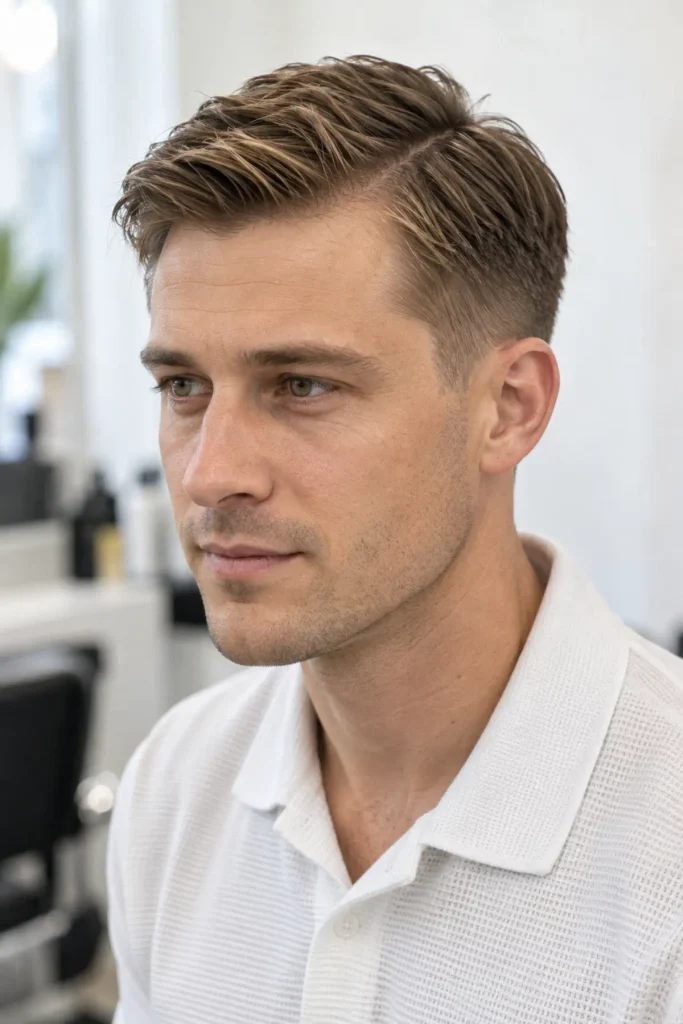 Man with an Ivy League haircut and tapered sides for fine hair