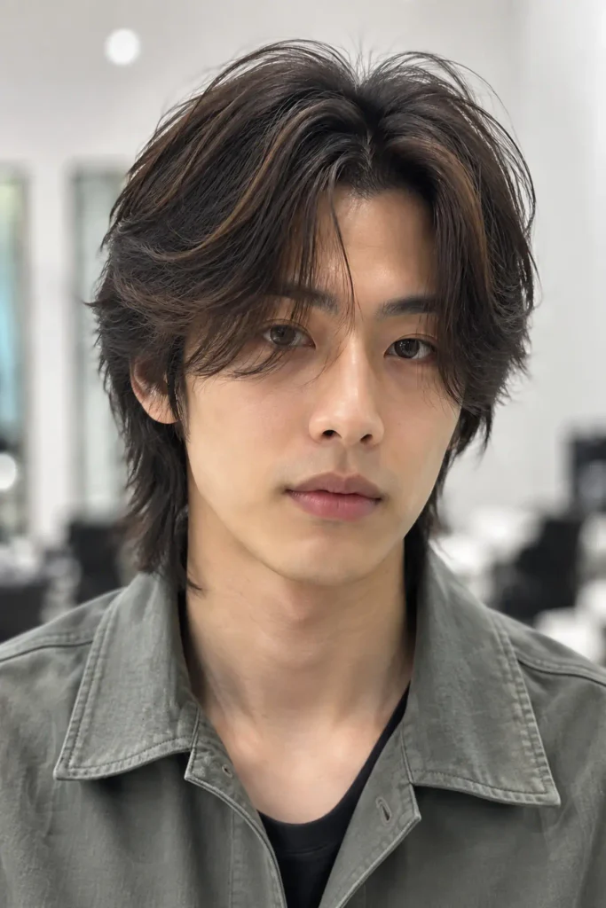Korean wolf cut for men with soft flowing layers and natural volume