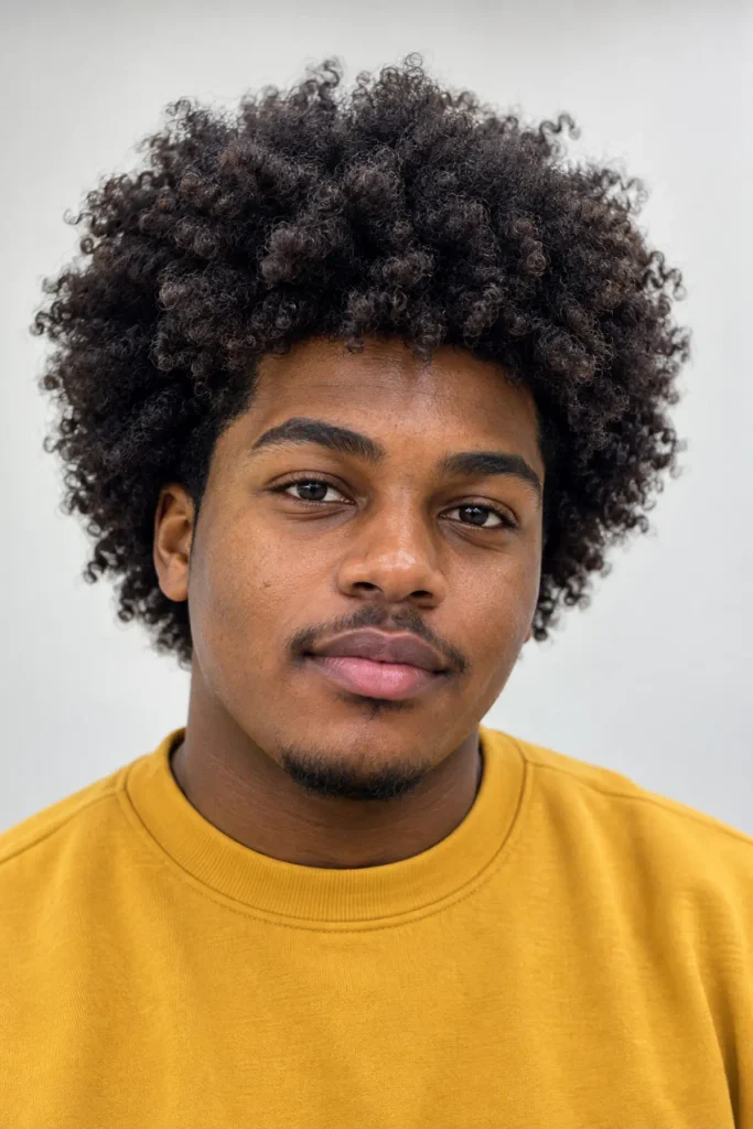 Layered medium length afro haircut with rounded shape