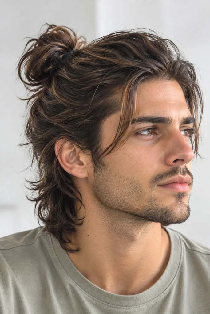 Man with long layered hair styled in a loose half-up man bun