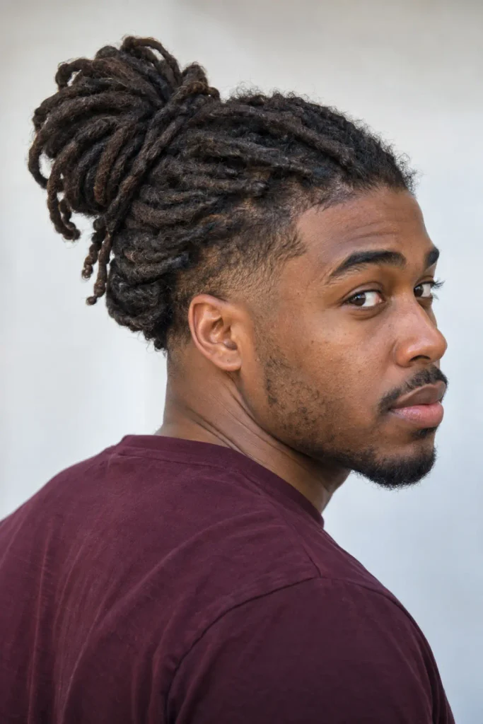 Loc man bun hairstyle for men with long dreadlocks tied at the crown