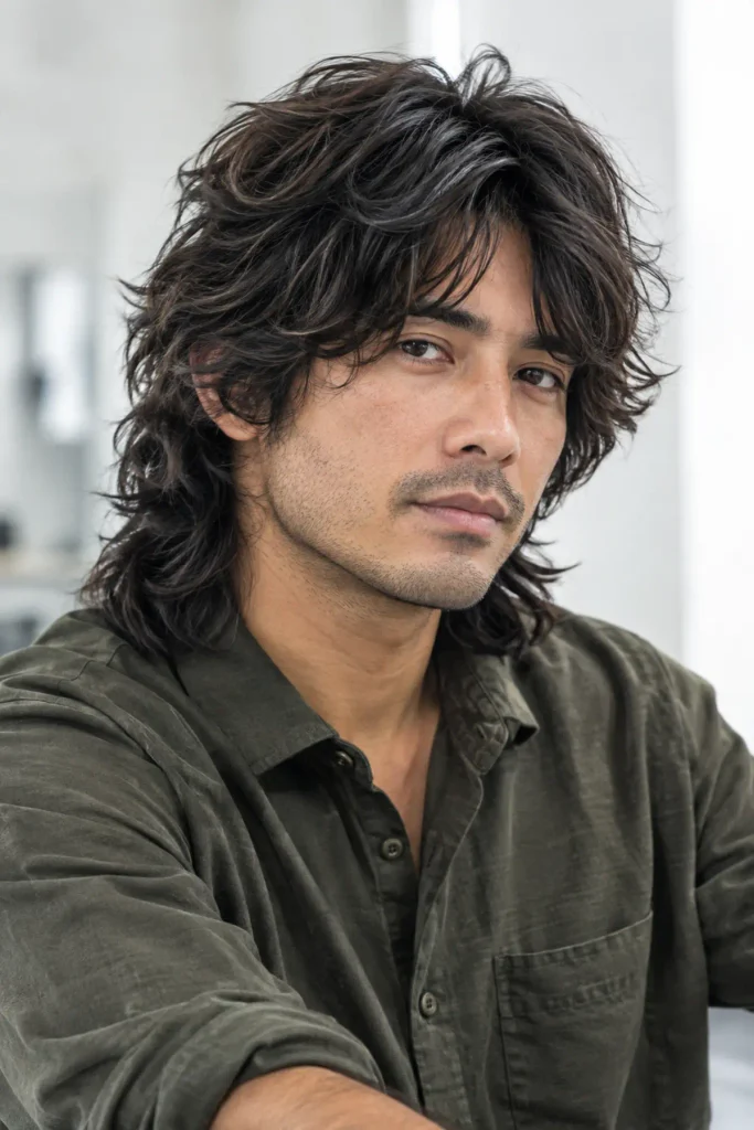 Man with long shag haircut and textured wavy layers