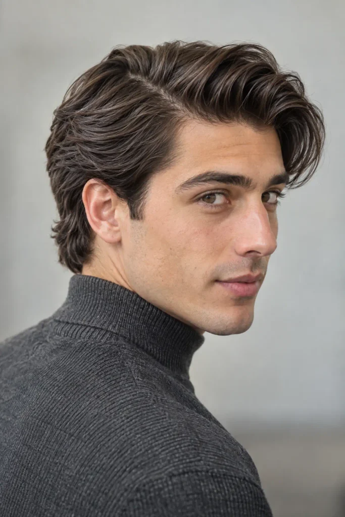 Long side part haircut with medium length swept hair